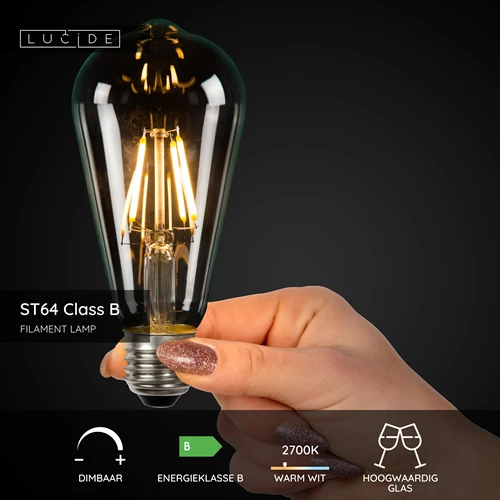 Lucide ST64 Class B - Filament lamp - Ø 6,4 cm - LED Dimb. - E27 - 1x7W 2700K - Transparant - USP